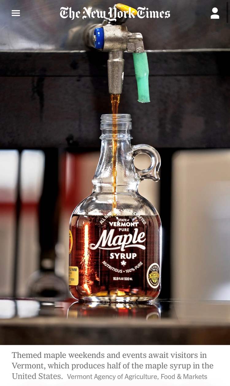 A tap pouring VT maple syrup into a jug, from the New York Times.
