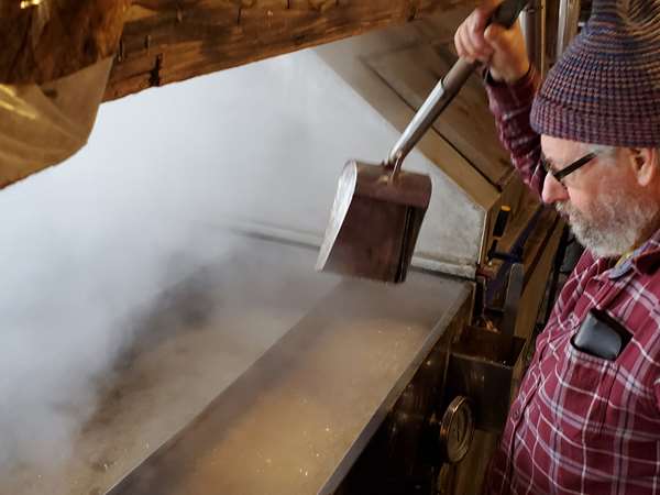 Boiling sap to make syrup